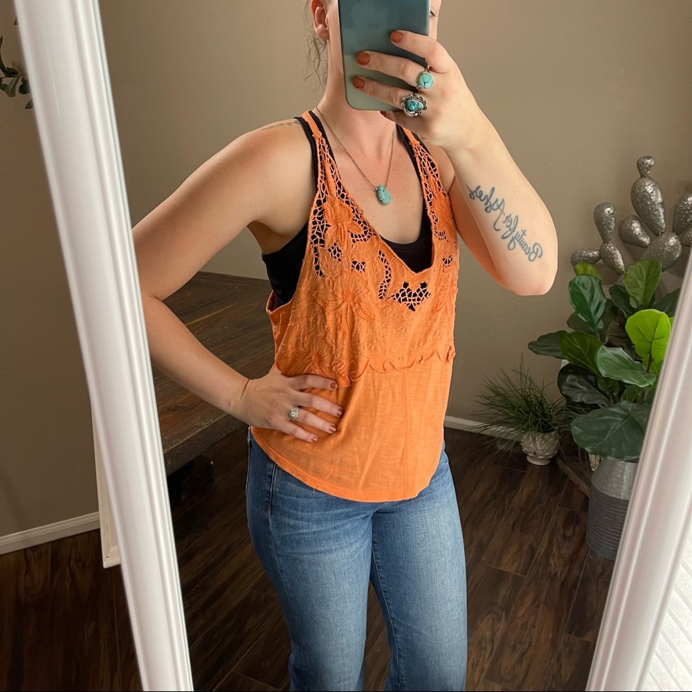 Free People orange Blossom floral coral CutOut Crop Top small embroidered - Picture 2 of 10
